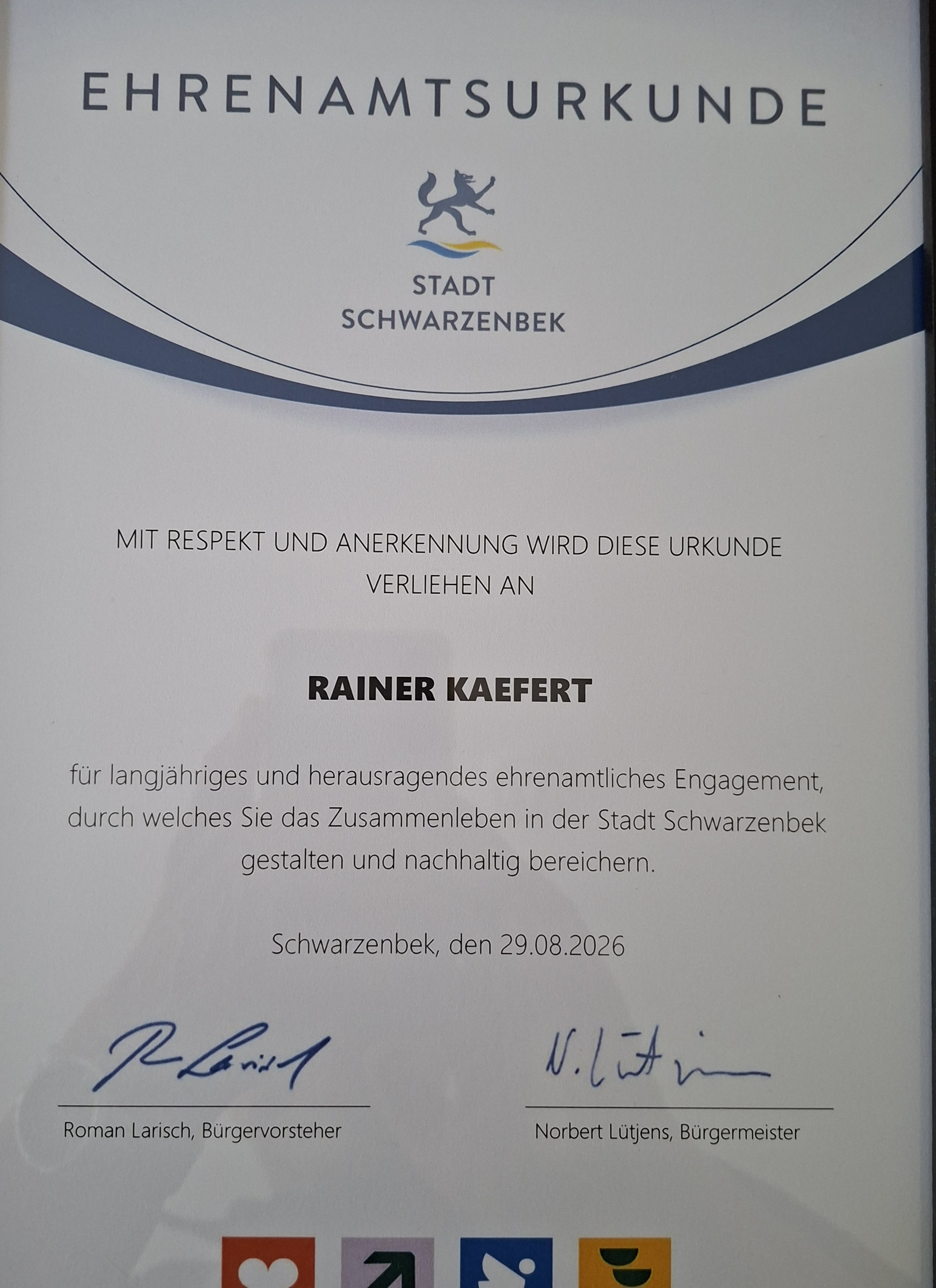 Ehrenamtsurkunde der Stadt Schwarzenbek